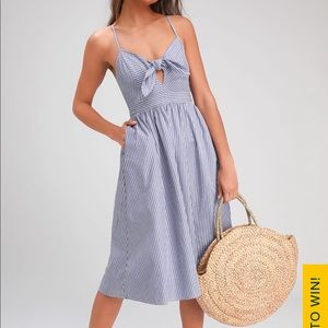 LULU’s  Joyful Days Blue Striped Knotted Front Midi Dress With Pockets small